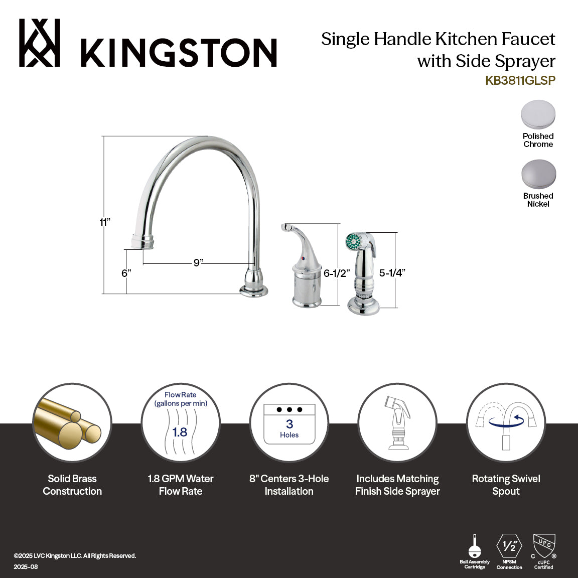 Kingston Georgian KB3811GLSP Single-Handle 3-Hole Widespread Kitchen Faucet with Plastic Sprayer, Polished Chrome — thumbnail 2
